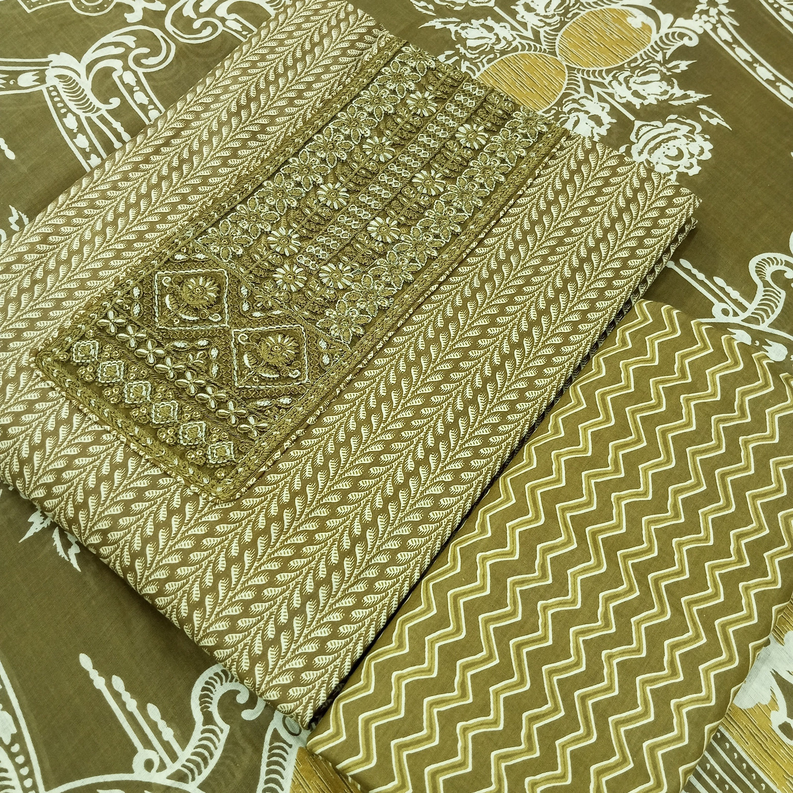 Shimti Pure Cotton Embroidered, Printed Salwar Suit Material () – Mehandi – view 3