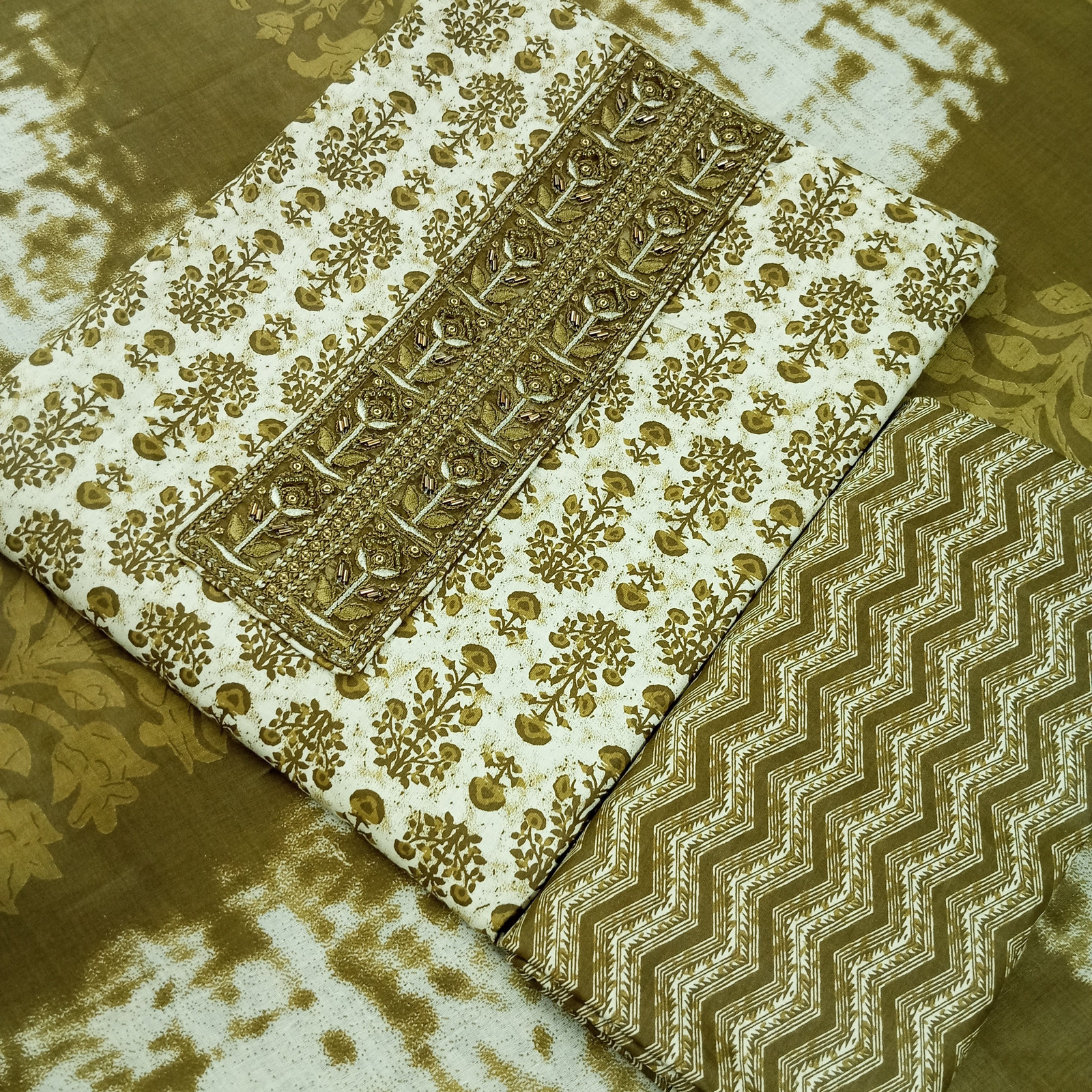 Shimti Pure Cotton Embroidered, Printed Salwar Suit Material – Mehandi – view 3