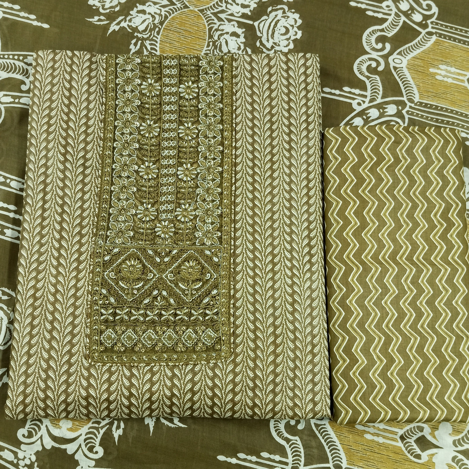 Shimti Pure Cotton Embroidered, Printed Salwar Suit Material () – Mehandi – view 4