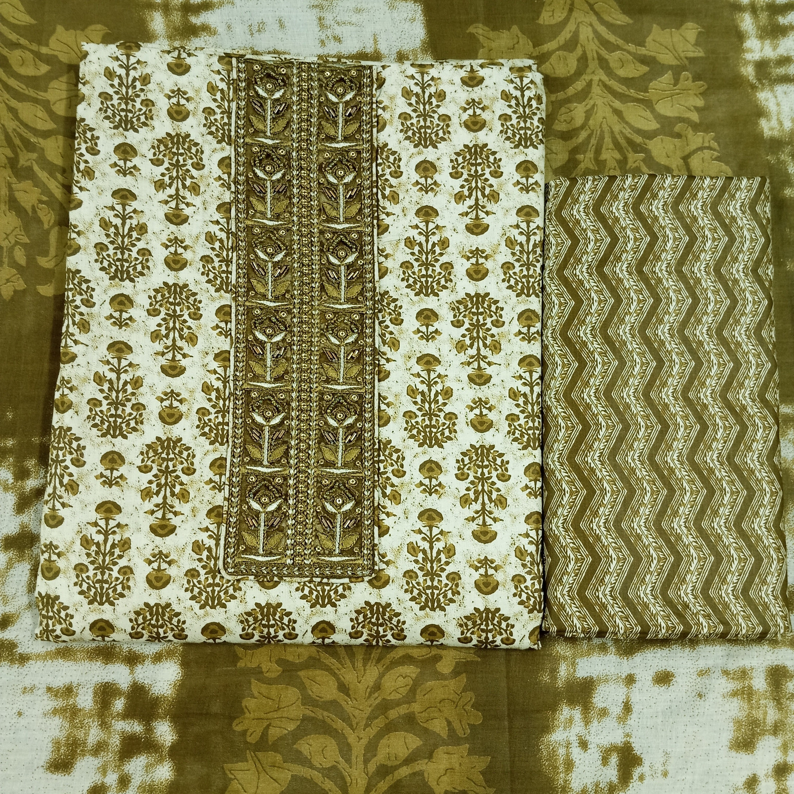 Shimti Pure Cotton Embroidered, Printed Salwar Suit Material – Mehandi – view 4