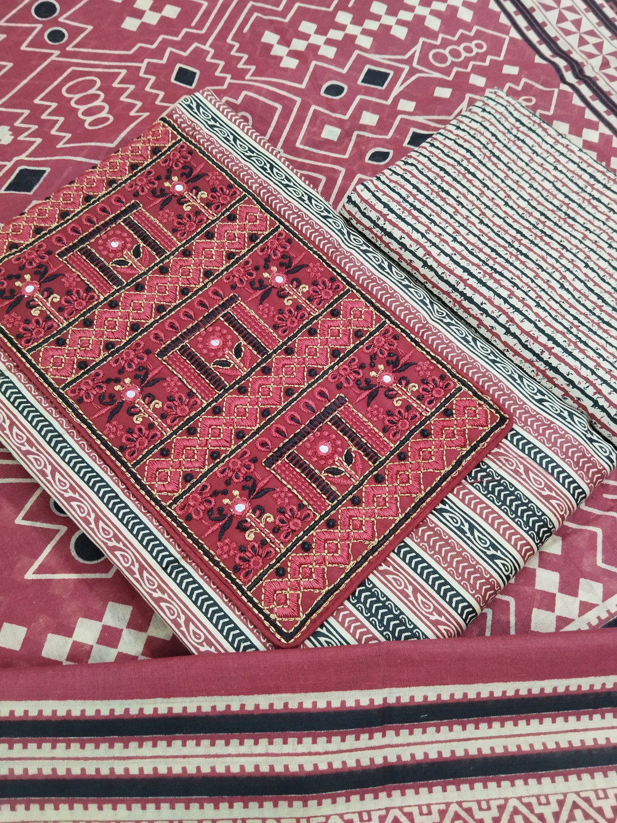 Shimti Pure Cotton Embroidered, Printed Salwar Suit Material – Red