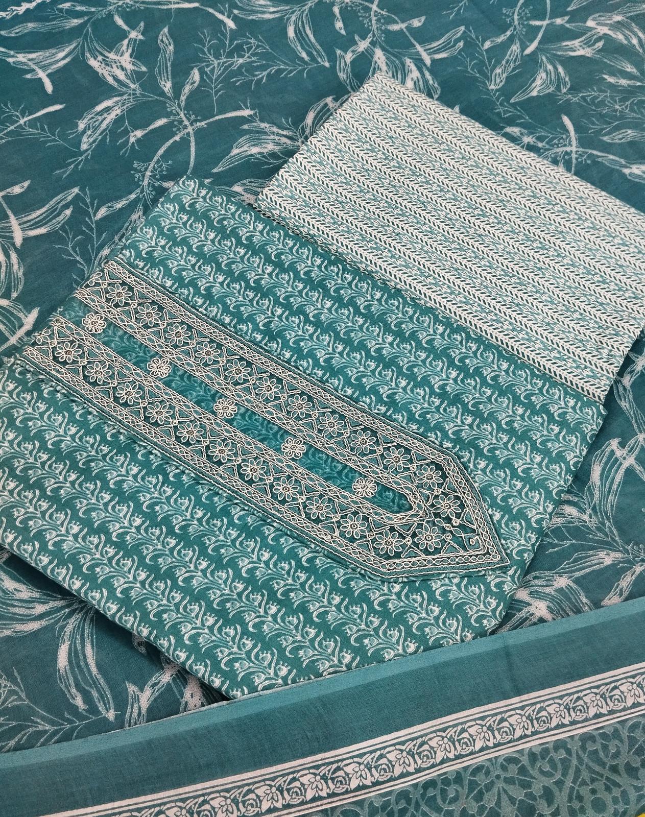 Shimti Pure Cotton Embroidered, Printed Salwar Suit Material – Teal