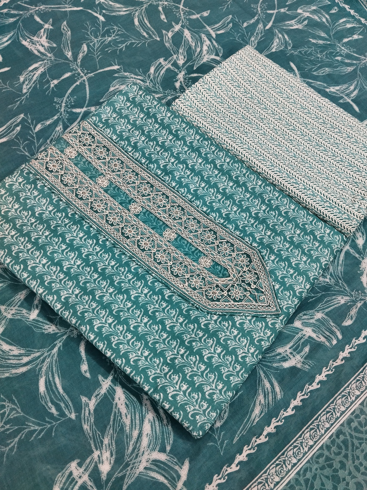 Shimti Pure Cotton Embroidered, Printed Salwar Suit Material – Teal – view 2