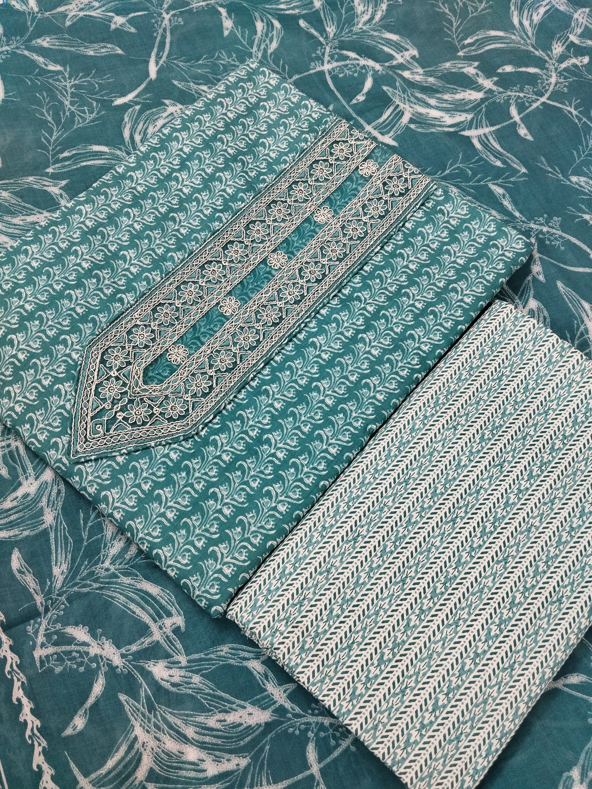 Shimti Pure Cotton Embroidered, Printed Salwar Suit Material – Teal – view 3
