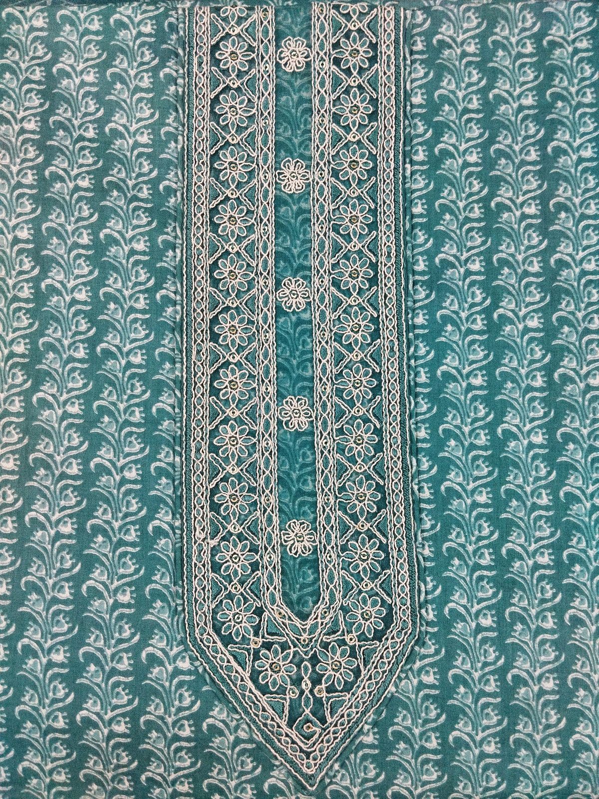 Shimti Pure Cotton Embroidered, Printed Salwar Suit Material – Teal – view 4