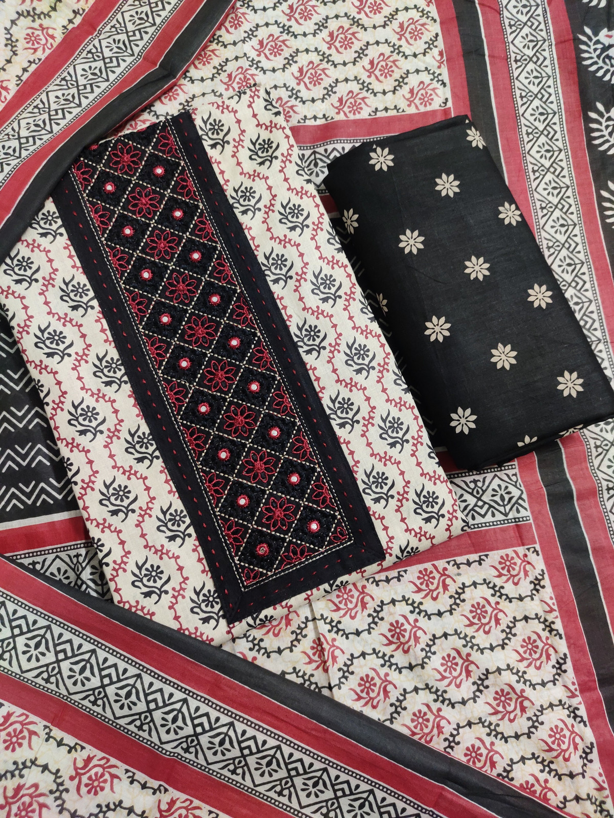 Shimti Pure Cotton Embroidered Salwar Suit Material () – Black & Beige