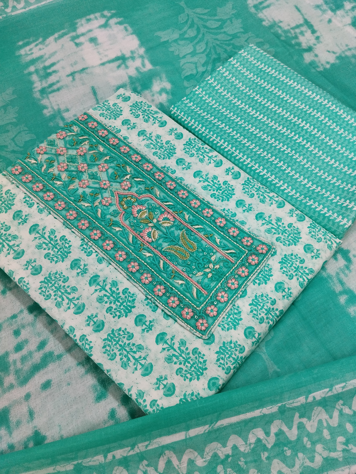 Shimti Pure Cotton Embroidered Salwar Suit Material – Green