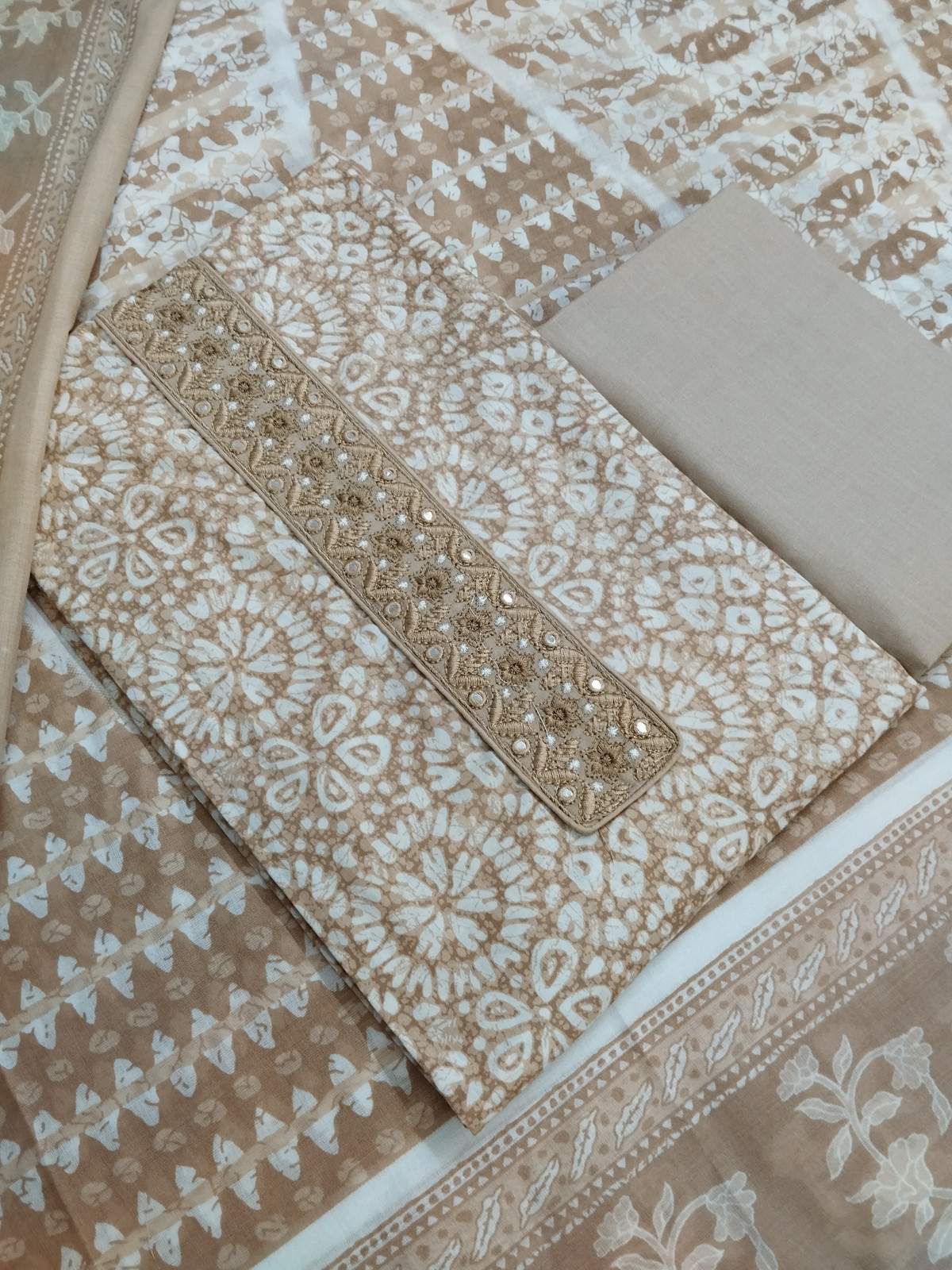 Shimti Pure Cotton Embroidered Salwar Suit Material – Light Brown