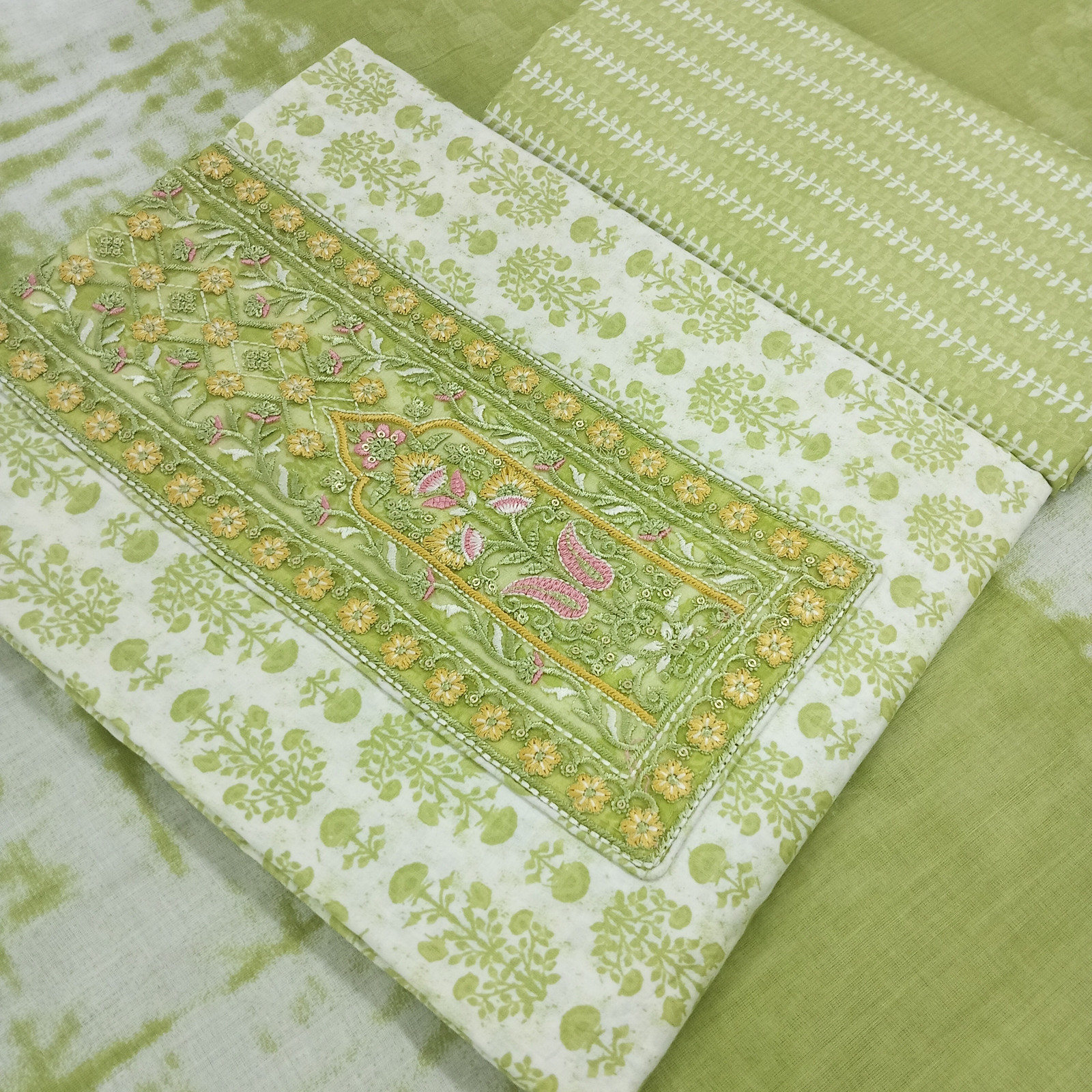 Shimti Pure Cotton Embroidered Salwar Suit Material – Light Green – view 2