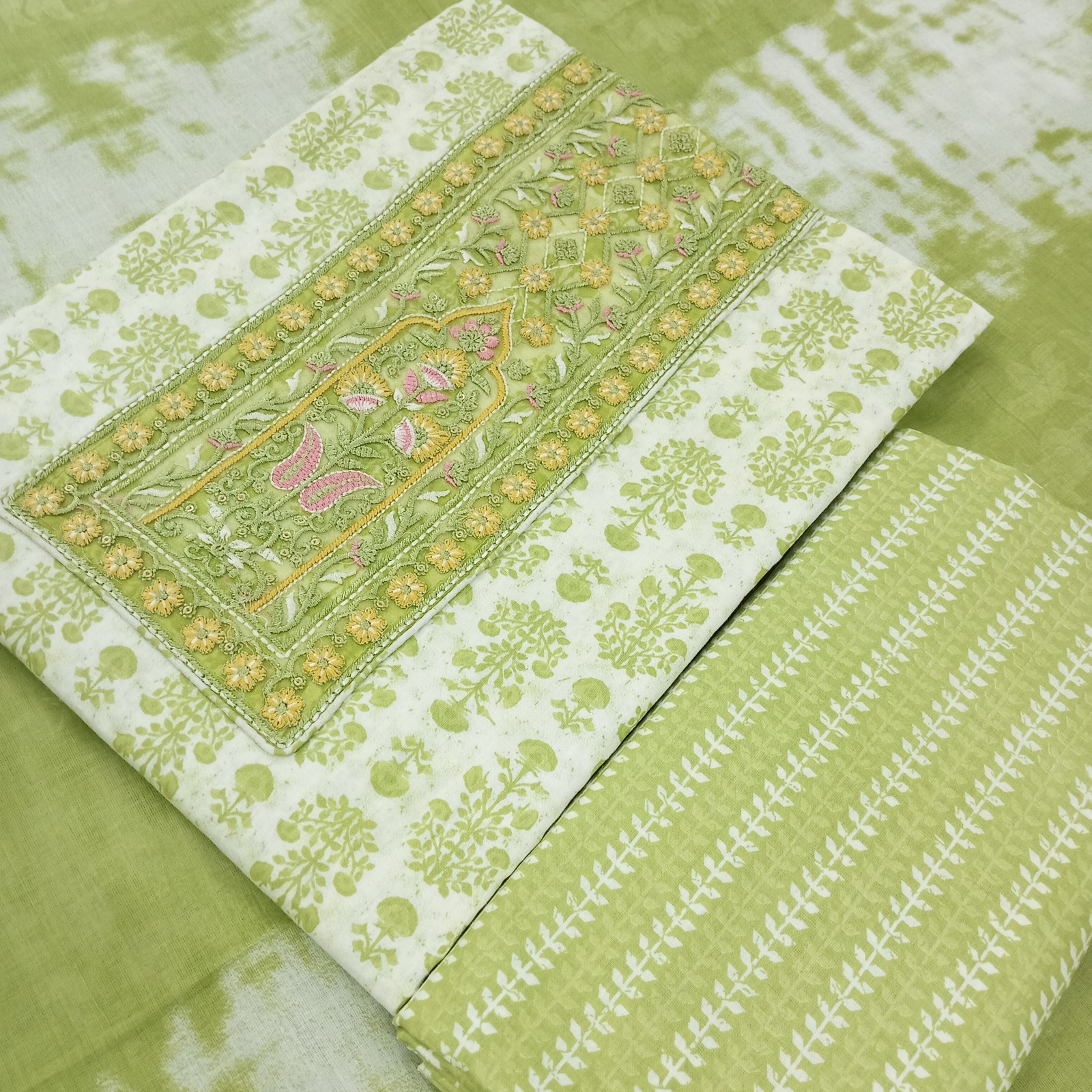 Shimti Pure Cotton Embroidered Salwar Suit Material – Light Green – view 3
