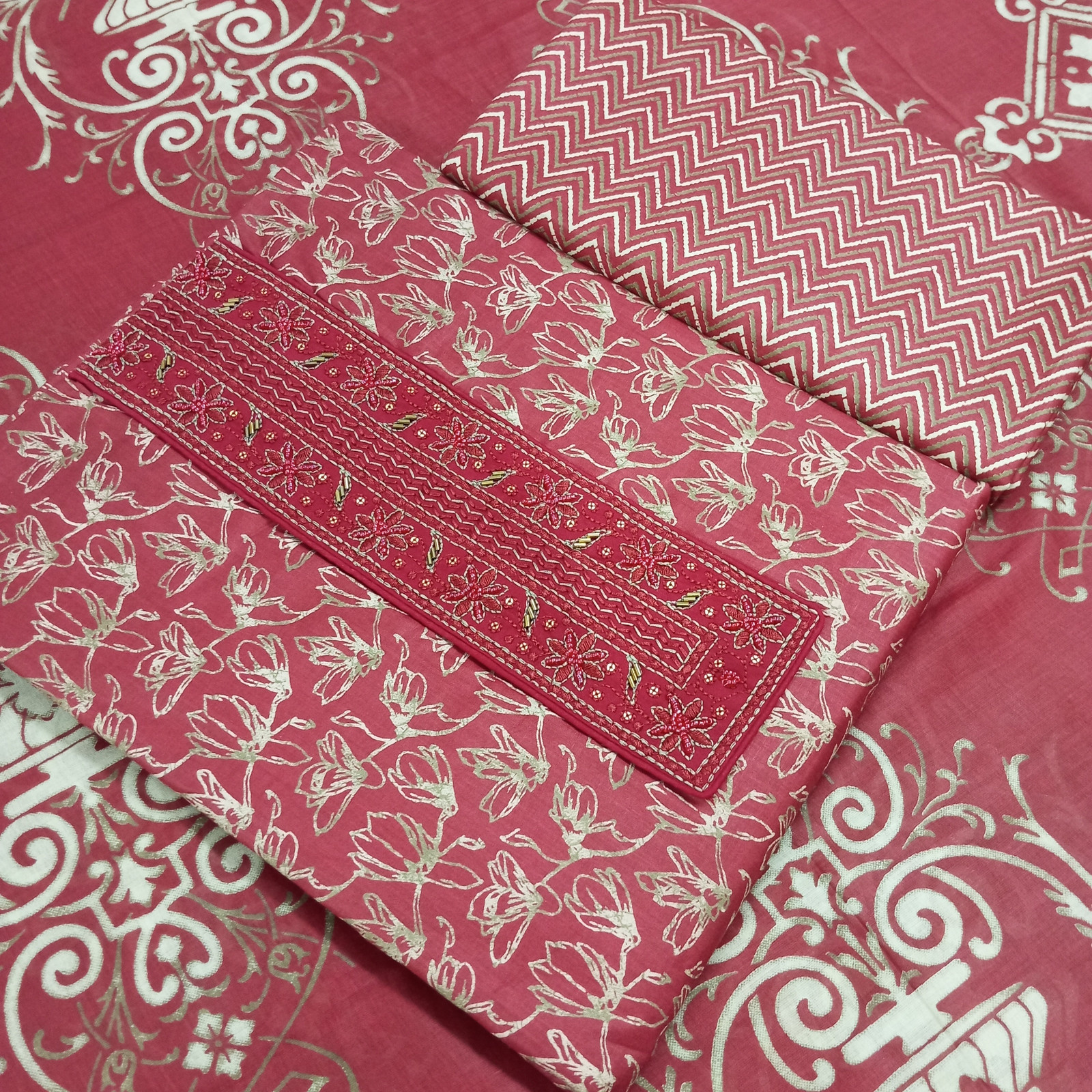 Shimti Pure Cotton Embroidered Salwar Suit Material – Red – view 2