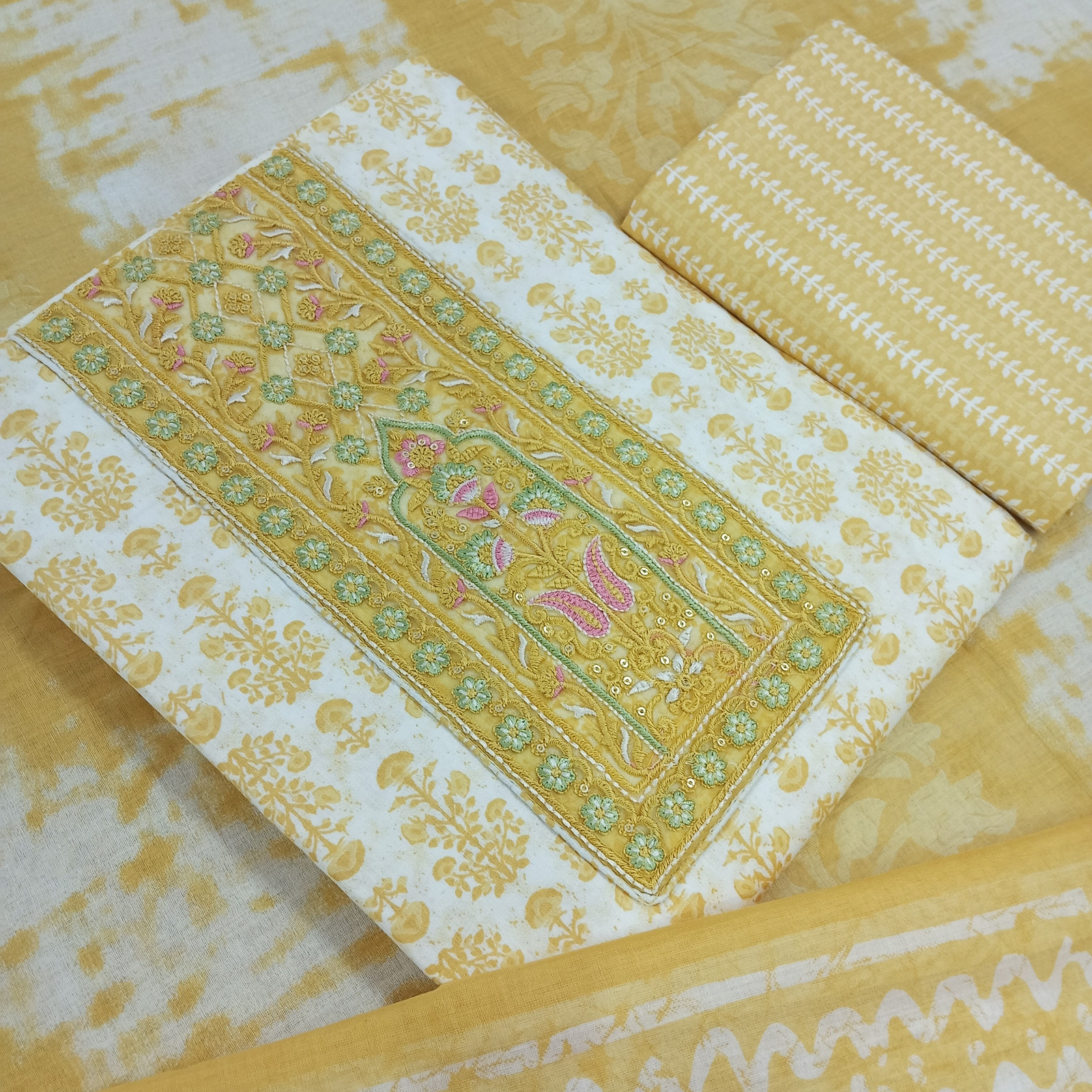 Shimti Pure Cotton Embroidered Salwar Suit Material – Yellow
