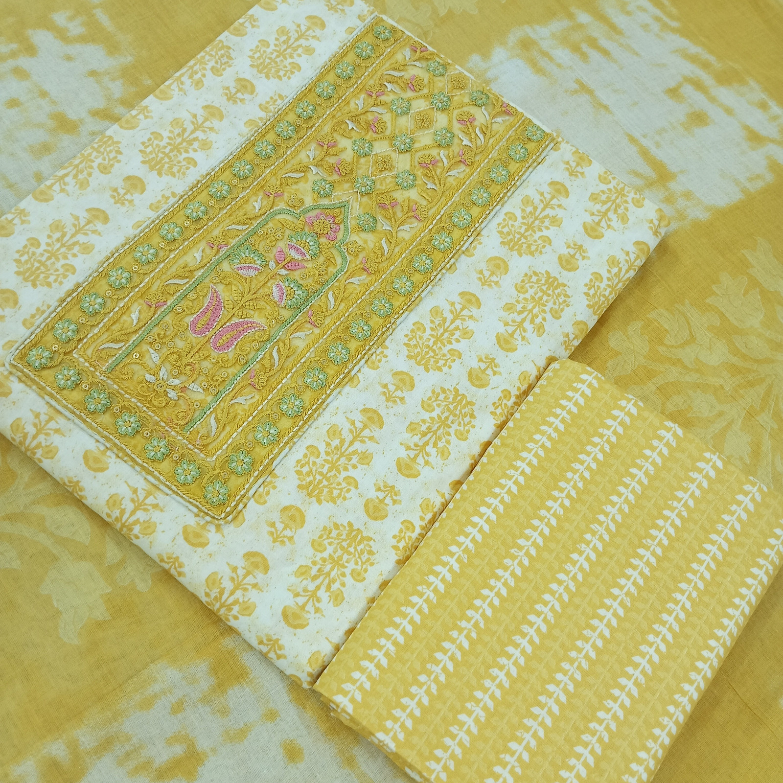 Shimti Pure Cotton Embroidered Salwar Suit Material – Yellow – view 3