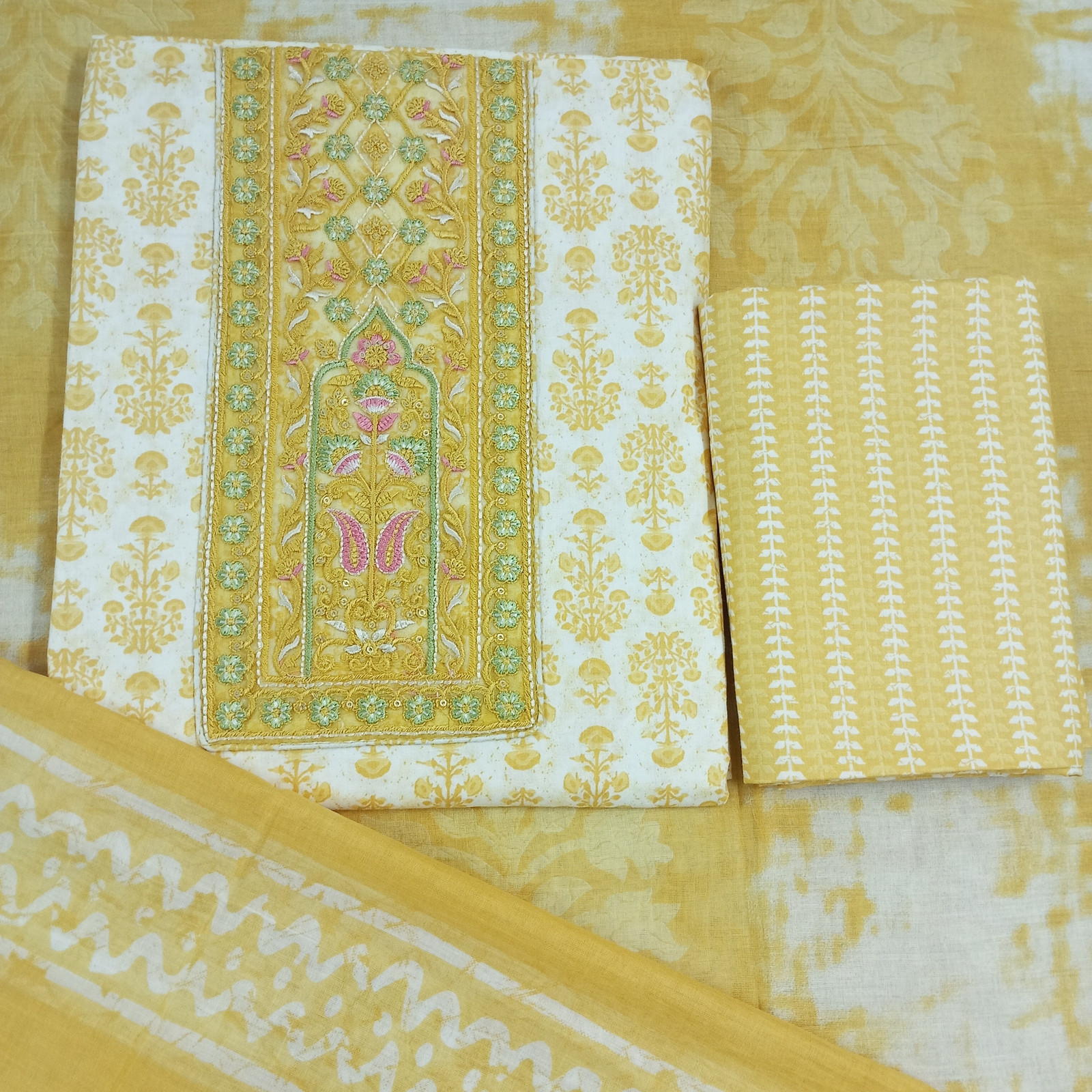 Shimti Pure Cotton Embroidered Salwar Suit Material – Yellow – view 4