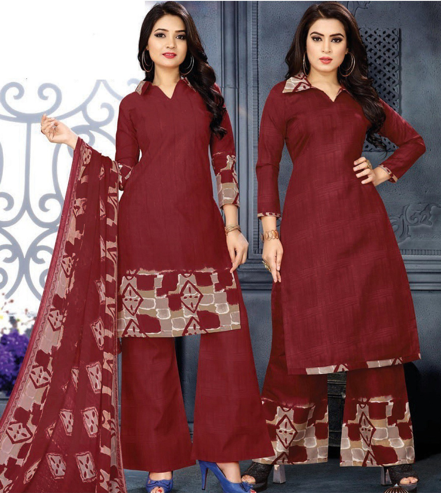 Shimti Pure Cotton Printed Kurta & Palazzo Material () – Maroon – view 2