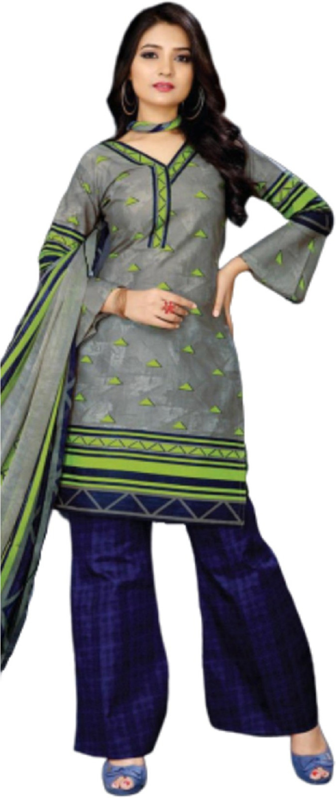 Shimti Pure Cotton Solid, Printed Kurta & Palazzo Material () – Blue and Grey