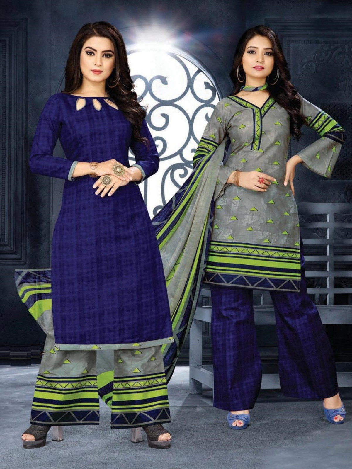 Shimti Pure Cotton Solid, Printed Kurta & Palazzo Material () – Blue and Grey – view 2