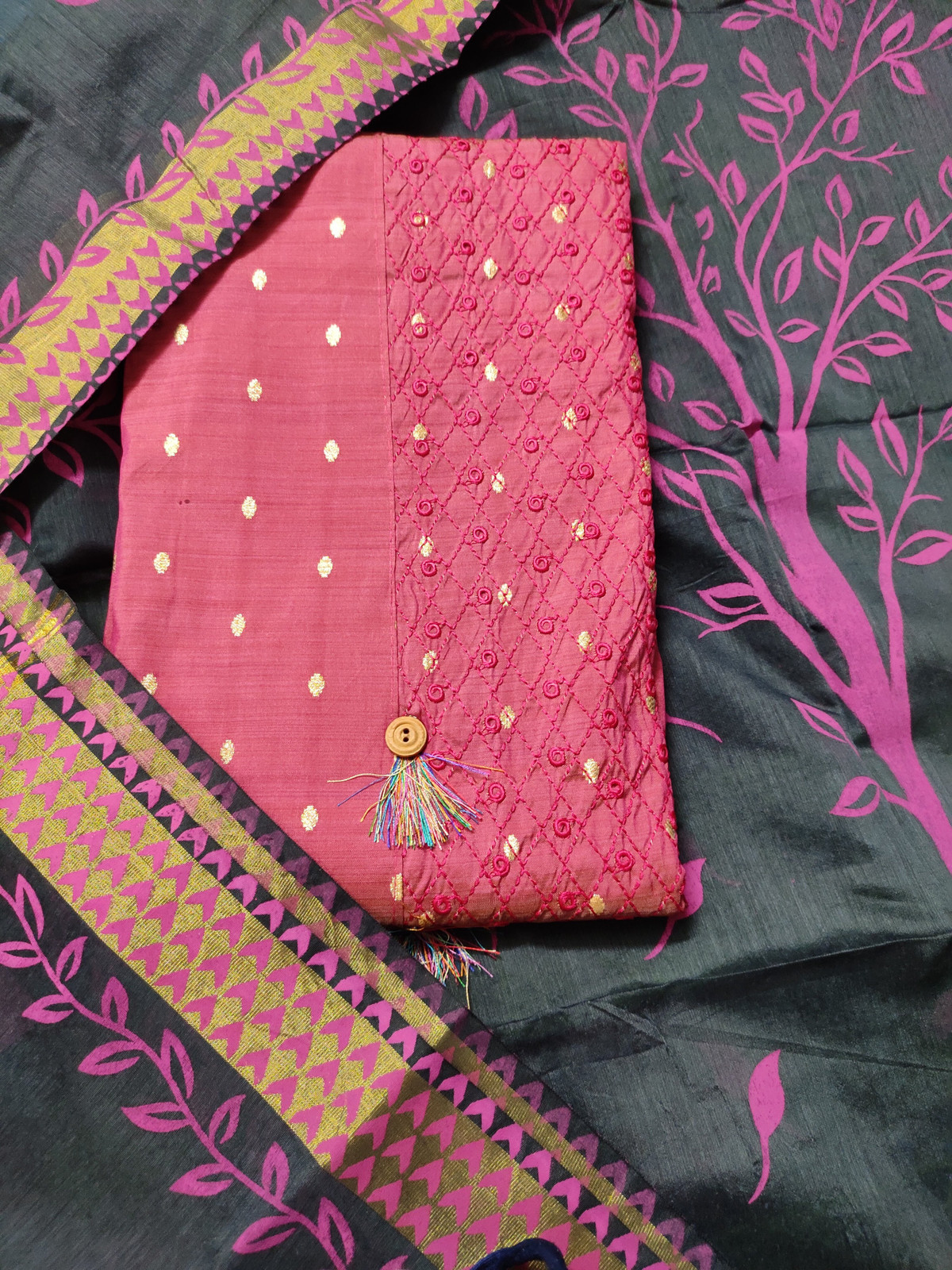 Shimti Satin Embroidered Suit Fabric – Dark Pink – view 2