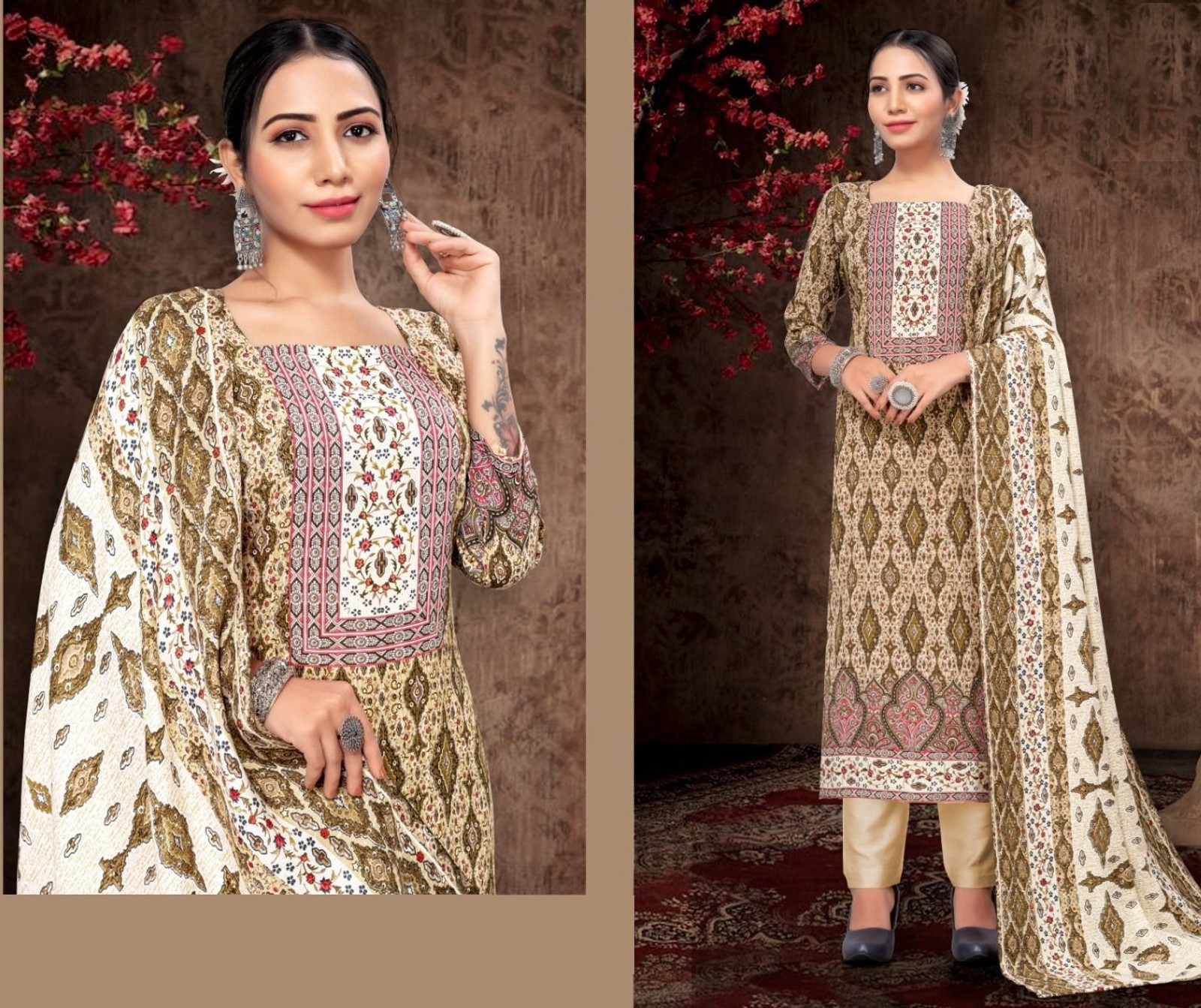 Shimti Wool Printed Salwar Suit Material – Mehandi