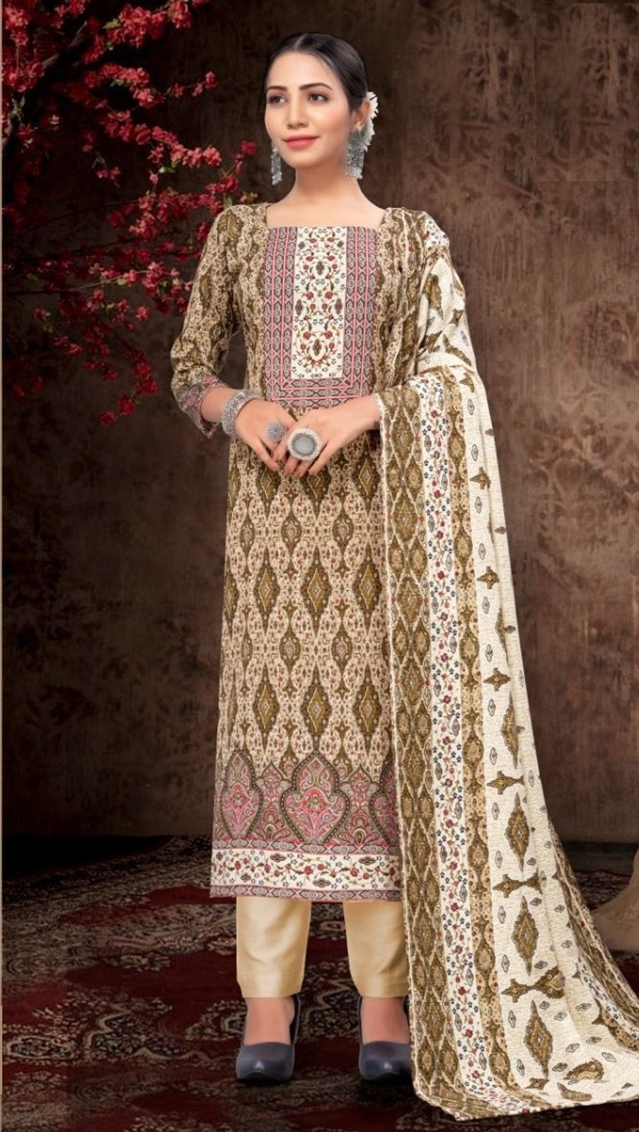 Shimti Wool Printed Salwar Suit Material – Mehandi – view 2